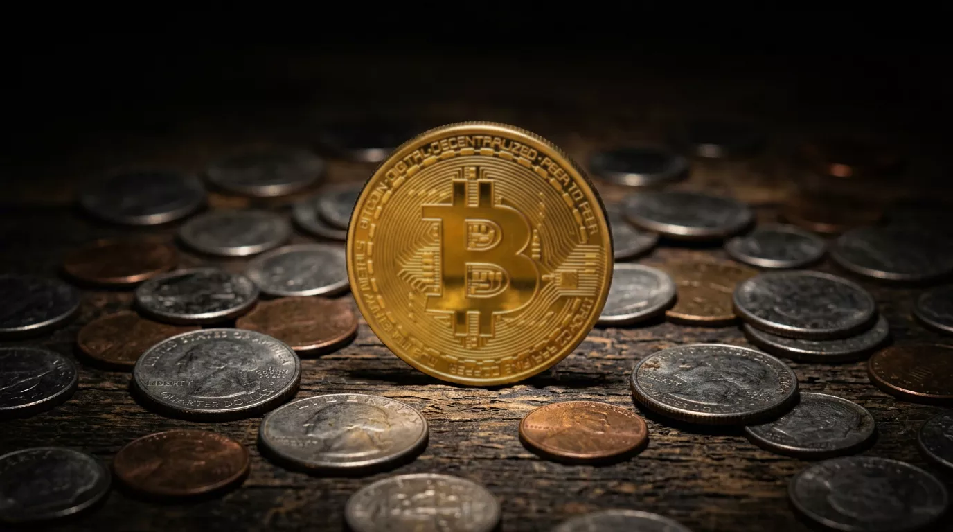 Bitcoin kihlveokontori valik: kuldne Bitcoin-münt teiste tuhmide müntide hulgas tumedal pinnal terava punktvalguse all