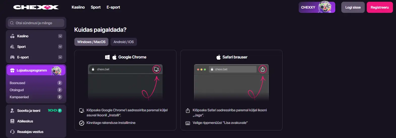 CHEXX-i PWA paigaldusleht Androidi, iOS-i, macOS-i ja Windowsi valikutega
