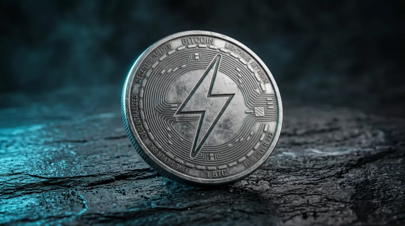 Lightning Network kihlveod: Bitcoin-münt graveeritud välgumärgiga tumedal kivipinnal sinaka külgvalguse all