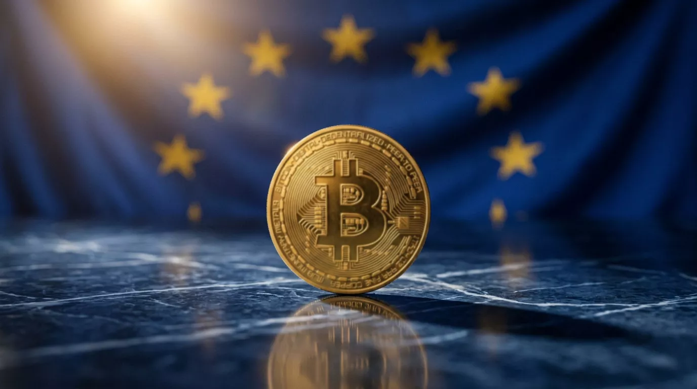 MiCA krüpto-kihlveokontor Eestis: Euroopa Liidu lipp sinise taustana ja Bitcoin-münt esiplaanil dramaatilise ülaltvalguse all