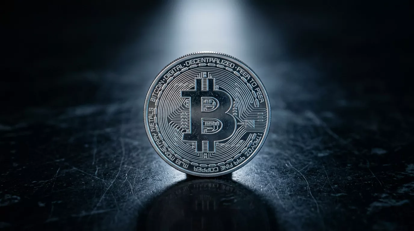 Provably Fair kihlveokontor: hõbedane Bitcoin-münt mustal pinnal terava ülaltvalgusega
